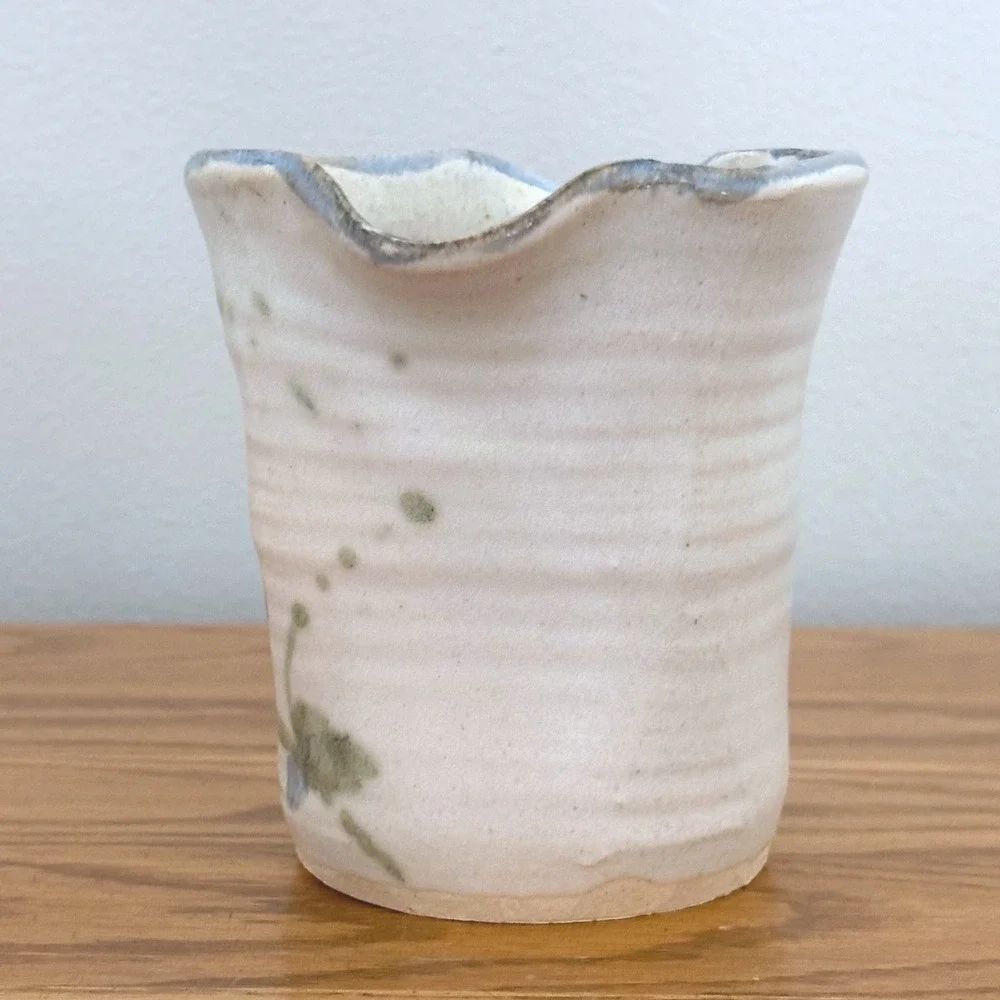 Studio Pottery Hand Thrown Floral Vase Blue Iris Stoneware Wavy Rim Cream